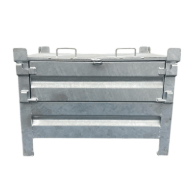 Caisse palette métallique sur pieds avec demi-porte rabattable et couvercle CIV-CDL-LID