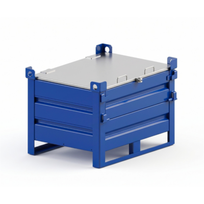 Caisse palette métallique sur semelles avec couvercle et demi-porte 850 x 680 mm CDS1-C02